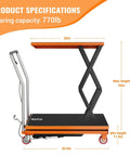 GarveeTech 770 Lbs Capacity Hydraulic Lift Table Cart With Non-Slip Pad, 59 Inch Manual Double Scissor Platform, orange specifications.