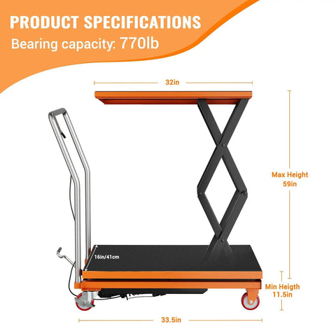 GarveeTech 770 Lbs Capacity Hydraulic Lift Table Cart With Non-Slip Pad, 59 Inch Manual Double Scissor Platform, orange specifications.