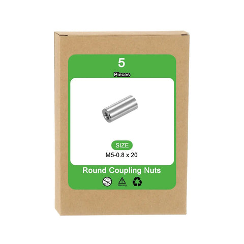 M5x0.8 Round Coupling Nuts 20mm Long Five Pieces 304 Stainless Steel Fasteners For Industrial Construction Rod Bar Connectors Built To Last Beefy Tough As Nails Silver Finish, 5-pack box