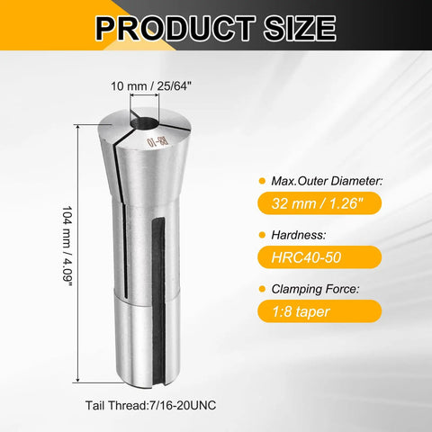 R8 Round Collet Mill Chuck Holder For CNC Engraving And Milling Tools, 10mm Clamp, silver finish, product size and details