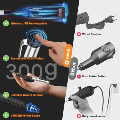 Heavy Duty 37000 RPM Cordless Engraving Pen Featuring Amped Up Rechargeable Battery And Lightning Fast Motor showcases wireless USB recharge and touch control.