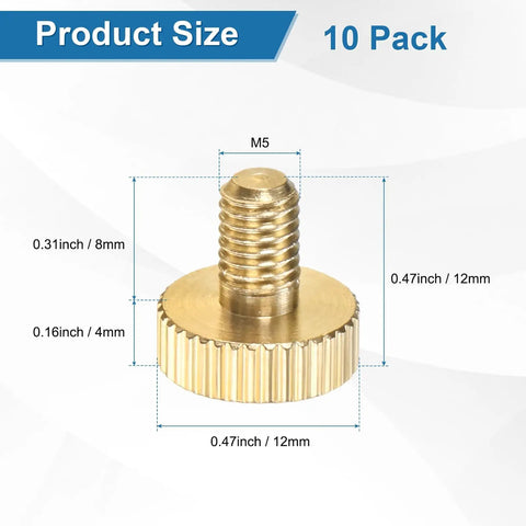 10 Pack Knurled Thumb Screws M5x8mm Solid Brass Flat Head Hardware showing dimensions for easy DIY fixes and adjustments.