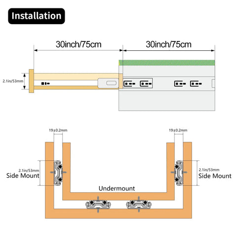 Installation diagram of Built Tough 30 Inch Drawer Slides 260 Lb Capacity Full Extension Side Mount Undermount Ball Bearing Steel Rails