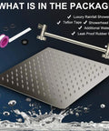 Package contents of 12 Inch Square Rain Showerhead With 11 Inch Adjustable Extension Arm Ultra Thin High Pressure Stainless Steel Shower Head Brushed Nickel Finish Full Body Waterfall Coverage Easy Clean And Install For A Dope Home Spa Vibe Upgrade