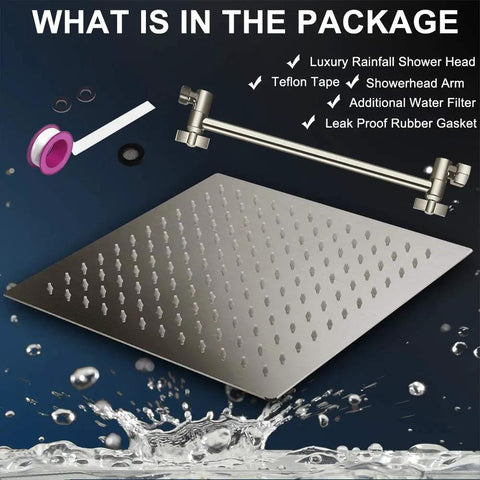 Package contents of 12 Inch Square Rain Showerhead With 11 Inch Adjustable Extension Arm Ultra Thin High Pressure Stainless Steel Shower Head Brushed Nickel Finish Full Body Waterfall Coverage Easy Clean And Install For A Dope Home Spa Vibe Upgrade