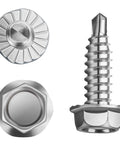 Number 14 Three Quarter Inch Serrated Hex Washer Head Self Drilling Tek Screws Zinc Plated Metal Fasteners with sharp drill point.
