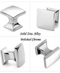 Polished Chrome Square Cabinet Knobs Set, 1 Inch, 10 Pack, Heavy Duty Metal Pulls With Two Screw Sizes For Easy Install, Rust Resistant Hardware Upgrade For Cabinets, Dressers, And Drawers. Solid zinc alloy polished chrome cabinet knobs shown from multiple angles.