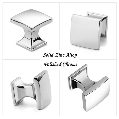 Polished Chrome Square Cabinet Knobs Set, 1 Inch, 10 Pack, Heavy Duty Metal Pulls With Two Screw Sizes For Easy Install, Rust Resistant Hardware Upgrade For Cabinets, Dressers, And Drawers. Solid zinc alloy polished chrome cabinet knobs shown from multiple angles.