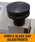 50 Inch Box And Pan Brake For 14 Gauge Mild Steel with dual end knob pressure controls, close-up of adjustment knob for blade gap.