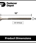 One Half Inch By Thirteen Carriage Bolt Kit For Exterior Use Twelve Inch Overall Length With Six Inch Thread Hot Dipped Galvanized Commercial Grade A307 Self Locking Head 60 000 PSI Includes 25 Flat Washers And 25 Hex Nuts shown with dimensions