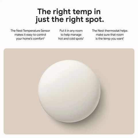 Nest Temperature Sensor 2nd Gen For Room Comfort And Smart Scheduling, Say Bye To Hot And Cold Spots, Easy Setup In Google Home App, Works With Nest Thermostat 3rd And 4th Gen And Nest Thermostat E, White, round white sensor on beige background