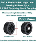 Two 65mm Large Load Bearing Rubber Tires With 6mm Bore Hex Shaft Couplings for RC cars and robots, front and back view