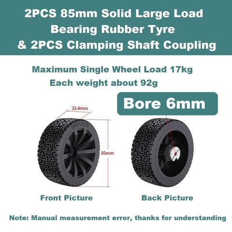 Two 65mm Large Load Bearing Rubber Tires With 6mm Bore Hex Shaft Couplings for RC cars and robots, front and back view