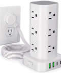 Power Strip Tower With 12 AC Outlets And 4 USB Ports 2 USB C 2 USB A For Home Office Dorm Room Flat Plug Surge Protector 6ft Cord Charging Station 16 In 1 White, showing USB ports and flat plug design.