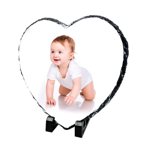 Heart Shaped Sublimation Slate Blank 7.9x7.9 Inch Rock Slate With Display Holder featuring custom photo of a baby, ideal for DIY gifts