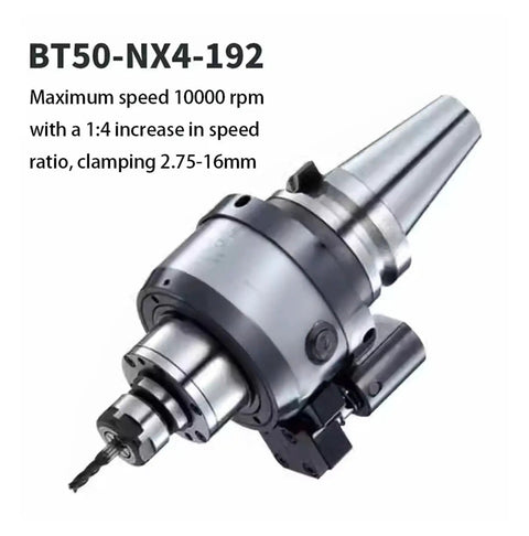 BT50 Spindle Speed Reducer And 10000RPM Cnc Acceleration Tool Holder with 1:4 speed ratio, clamping 2.75-16mm for precision machining.