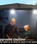 Outdoor Solar Motion Sensor Lights Bangin With 56 LED Dual Lamps illuminating workshop in garage daytime