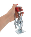 Hand holding Super Heavy Duty Galvanized Iron Toggle Latch Clamps Hold 2183 Lbs With Quick Release Adjustments.