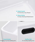Close-up of 20 Inch Rectangular Ceramic Vessel Sink With Overflow For Above Counter Dope White Porcelain showing corners and overflow hole