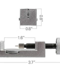Watch Band Link Removal Kit with dimensions, includes spring bar tool and pin pushers, for metal and leather bands, portable use.