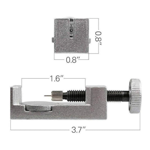 Watch Band Link Removal Kit with dimensions, includes spring bar tool and pin pushers, for metal and leather bands, portable use.