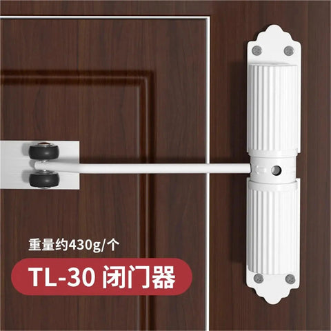Automatic Aluminum Door Closer With Safety Spring Soft Close for Sliding Glass Doors, mounted on wooden door.