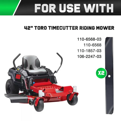 Premium 42 Inch Timecutter Mower Blades 2 Pack For 42 Inch Deck Replacement 110-6568-03 110-1857-03 106-2247-03 shown with Toro mower