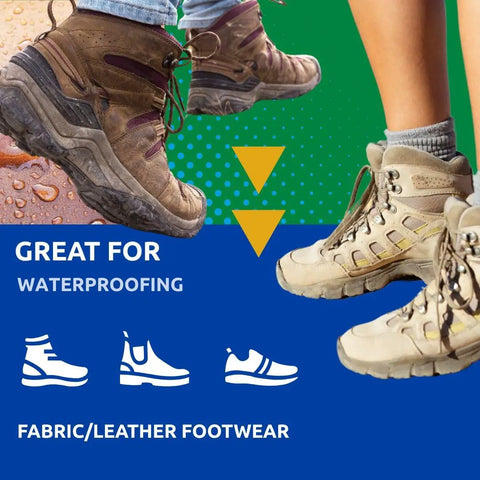 Image of fabric and leather boots showing waterproof protection from Fabric And Leather Proof Spray For Boots And Shoes Restores Water Repellency And Breathability Easy Spray On Waterproofing For All Fabrics And Leather Safe For Gore Tex Rain Ready Footwear Care.