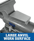 Heavy Duty Mechanics Bench Vise 8 Inch Jaw Width 8.5 Inch Opening Built Tough With Ductile Iron Base shows large anvil work surface.