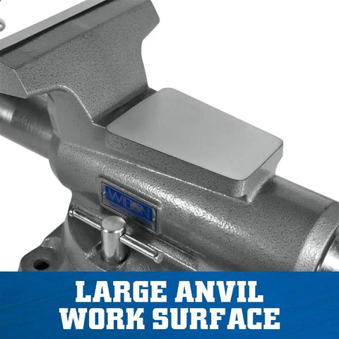 Heavy Duty Mechanics Bench Vise 8 Inch Jaw Width 8.5 Inch Opening Built Tough With Ductile Iron Base shows large anvil work surface.