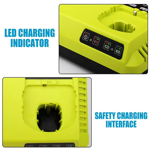 Close-up of Dual Port 18V Battery Charger For Ryobi Tools That Powers Two Batteries At Once showing LED indicator and charging interface
