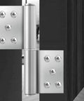 Flag Style Stainless Steel Door Hinges 5 Inch Thick 2 5mm Detachable Lift Off For Fire And Bathroom Doors Built Tough Weld On Installation Interior Wooden Door Hardware Heavy Duty Pair visible on dark wood door, showcasing lift-off feature.
