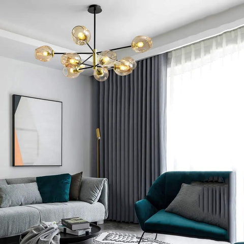 5-Light Sputnik Chandelier With Airblown Glass Globes In Sleek Smoke Grey, pendant light with grey globes in modern living room.