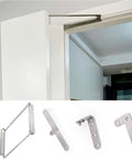 Premium Grade 180 Degree Stainless Steel Folding Door Hinge With Smooth Concealed Pivot For Flush Wall Install And Tight Squeeze Fixer Space Saving Cabinet Hardware Kit with details of installation.