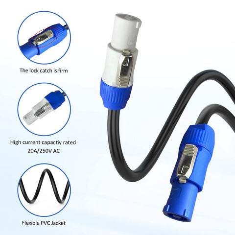 Close-up of Beefed-Up Heavy Duty 12AWG 3-Pin AC Power Extension Cable with lockable connectors and PVC jacket visible.