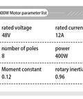 Beefy 48V 400W Brushless DC Motor With Driver Gearbox Reducer Kit parameters: 48V voltage, 12A current, 400W power.