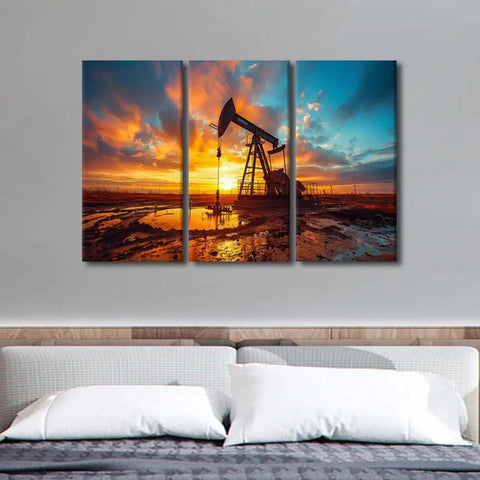 Industrial Oil Pump Wall Art Set Three Panels Canvas Prints 42x28 Inches Ready To Hang For Living Room And Bedroom Decor