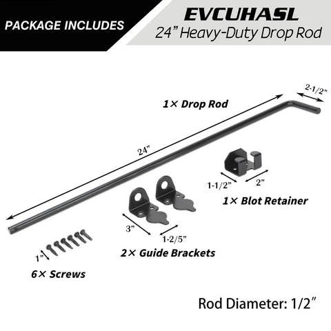 24 Inch Cane Bolt Drop Rod For Gates And Fences Black Finish Heavy Duty Ground Latch With Guide Brackets and Screws