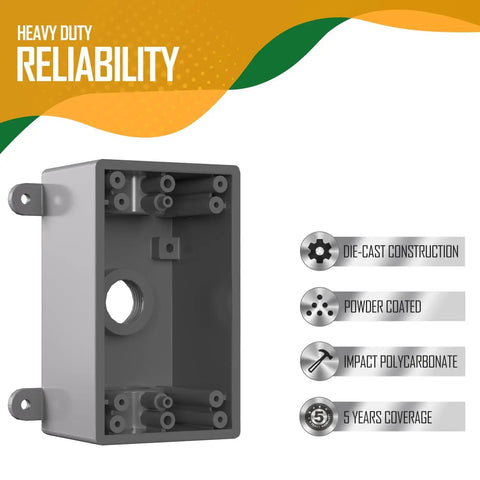 Weatherproof 1 Gang Electrical Outlet Box In Gray, heavy duty die-cast construction, powder coated, impact polycarbonate