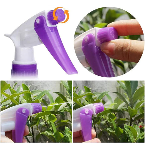 Close-up of purple sprayer from 5 Piece Garden Tool Set With Floral Print And Ergonomic Handles Includes Trowels Rake Weeder Pruner Shears And Sprayer Plus Carrying Case A Super Handy All In One Kit For Women Who Love To Garden