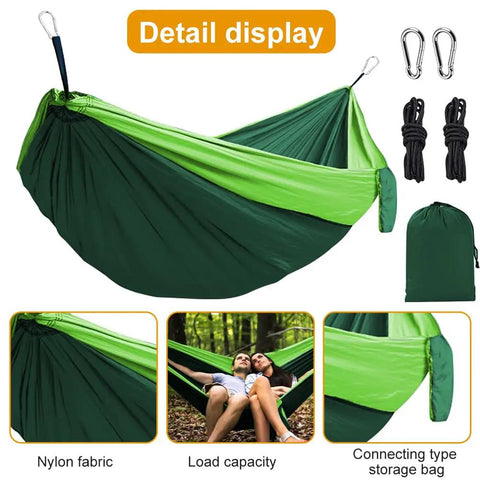 All In One Camping Hammock With Heavy Duty Tree Straps 660 Lb Capacity Portable Outdoor Hammock Tent, green nylon fabric, accessories shown