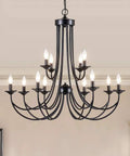 Farmhouse Twelve Light Candle Chandelier Black Wrought Iron Pendant Light 2 Tier Rustic Industrial Ceiling Fixture For Foyer Kitchen Island Living Room