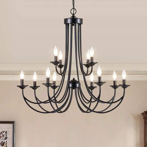 Farmhouse Twelve Light Candle Chandelier Black Wrought Iron Pendant Light 2 Tier Rustic Industrial Ceiling Fixture For Foyer Kitchen Island Living Room