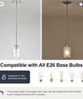 Top Shelf Modern Farmhouse Brushed Nickel Pendant Lights With Clear Glass Shades And Adjustable Rods, showing dimmable E26 base bulb compatibility.