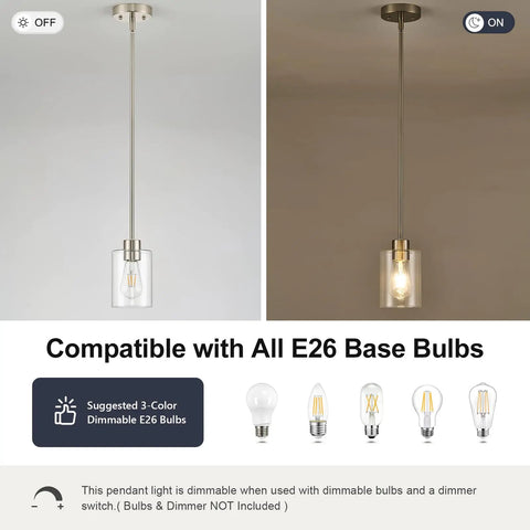 Top Shelf Modern Farmhouse Brushed Nickel Pendant Lights With Clear Glass Shades And Adjustable Rods, showing dimmable E26 base bulb compatibility.