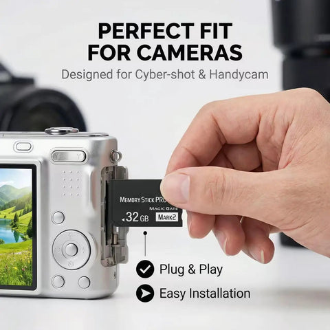 Inserting 32GB Pro Duo Memory Stick Mark 2 into digital camera slot for fast game saves, photos, and video transfers.
