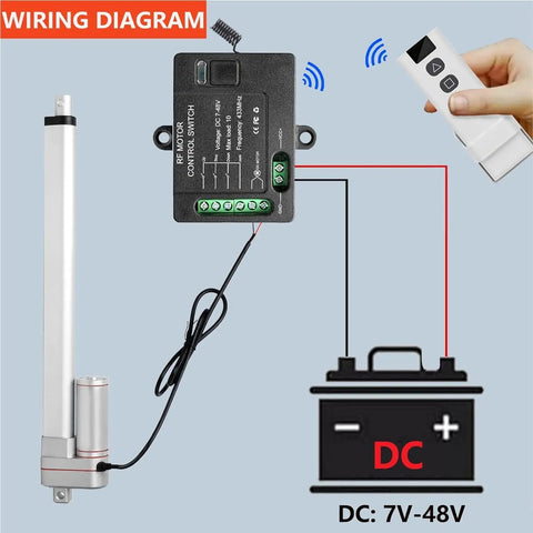 Wiring diagram of Forward Reverse Remote Control Switch For DC Motors 7V To 48V 10A With 328 Ft Remote Range 433MHz Receiver Ideal For Linear Actuators Electric Shutters And Winches 12V Remote Control Switch, showing connection setup with battery and remote control.