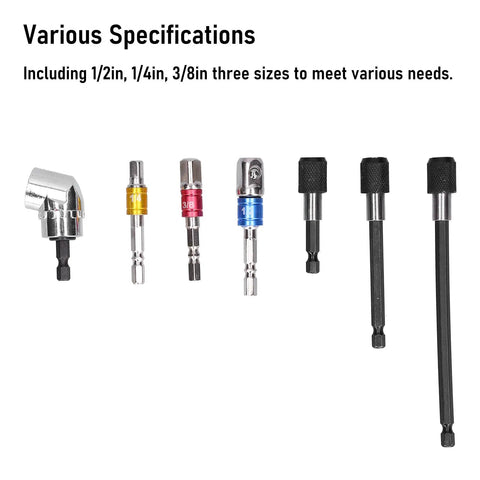Colorful 7 Piece Socket Adapter Kit With Hex Shank And Extension Set For Screwdriver Bits In 1/2 1/4 And 3/8 Inch Sizes Makes Heavy Duty Work Easy Peasy Anytime, shown with 1/2, 1/4, and 3/8 adapters