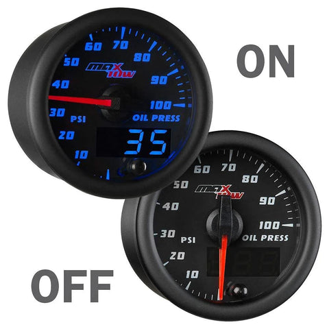 Front view of two MaxTow 100 PSI oil pressure gauges with blue LED dial, analog and digital readouts, black faces