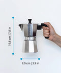 Stovetop Espresso Moka Pot For Home And Camping 6 Cup Italian Style Coffee Maker Durable Aluminum Design in hand